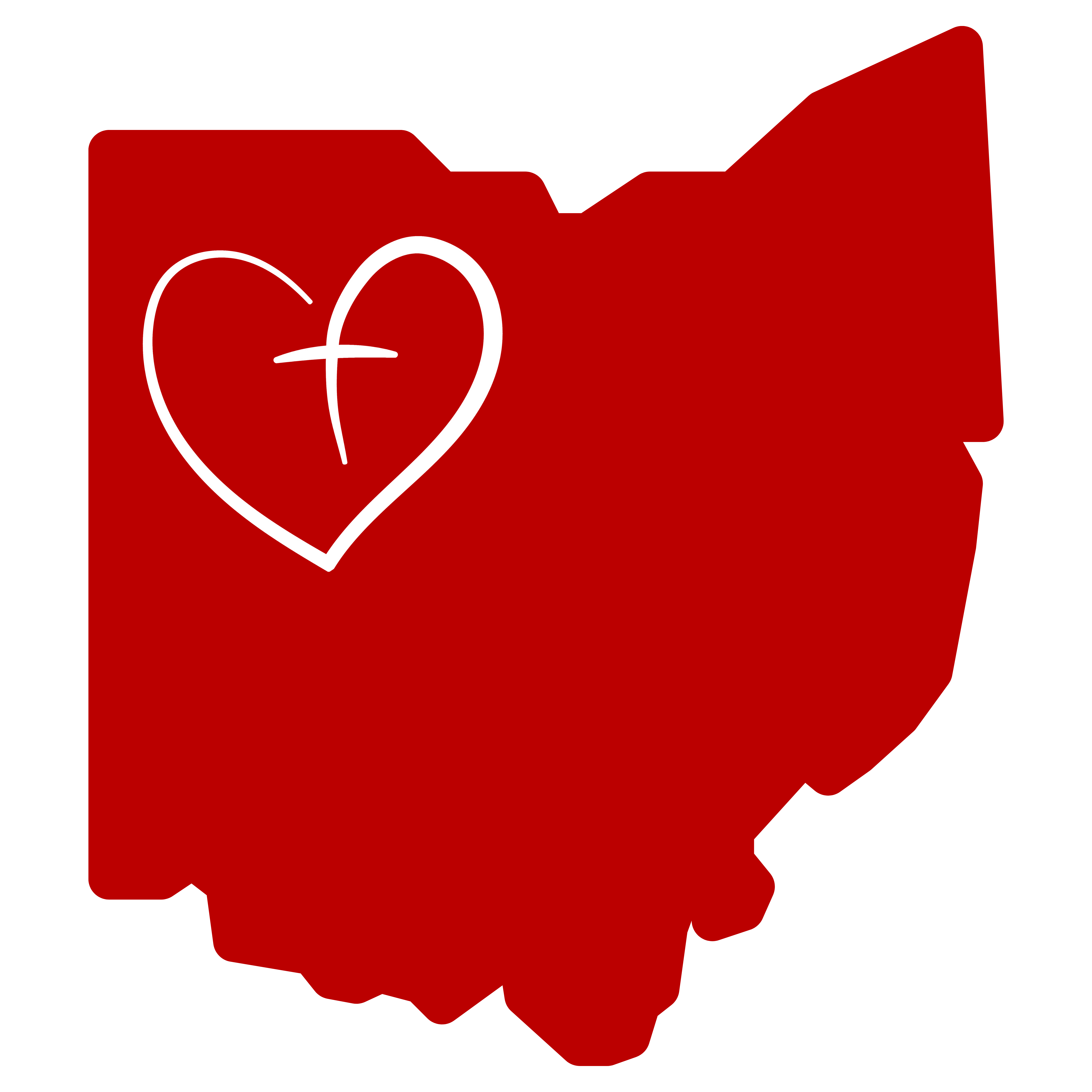 State of Ohio with heart and around a cross in the Northwest corner